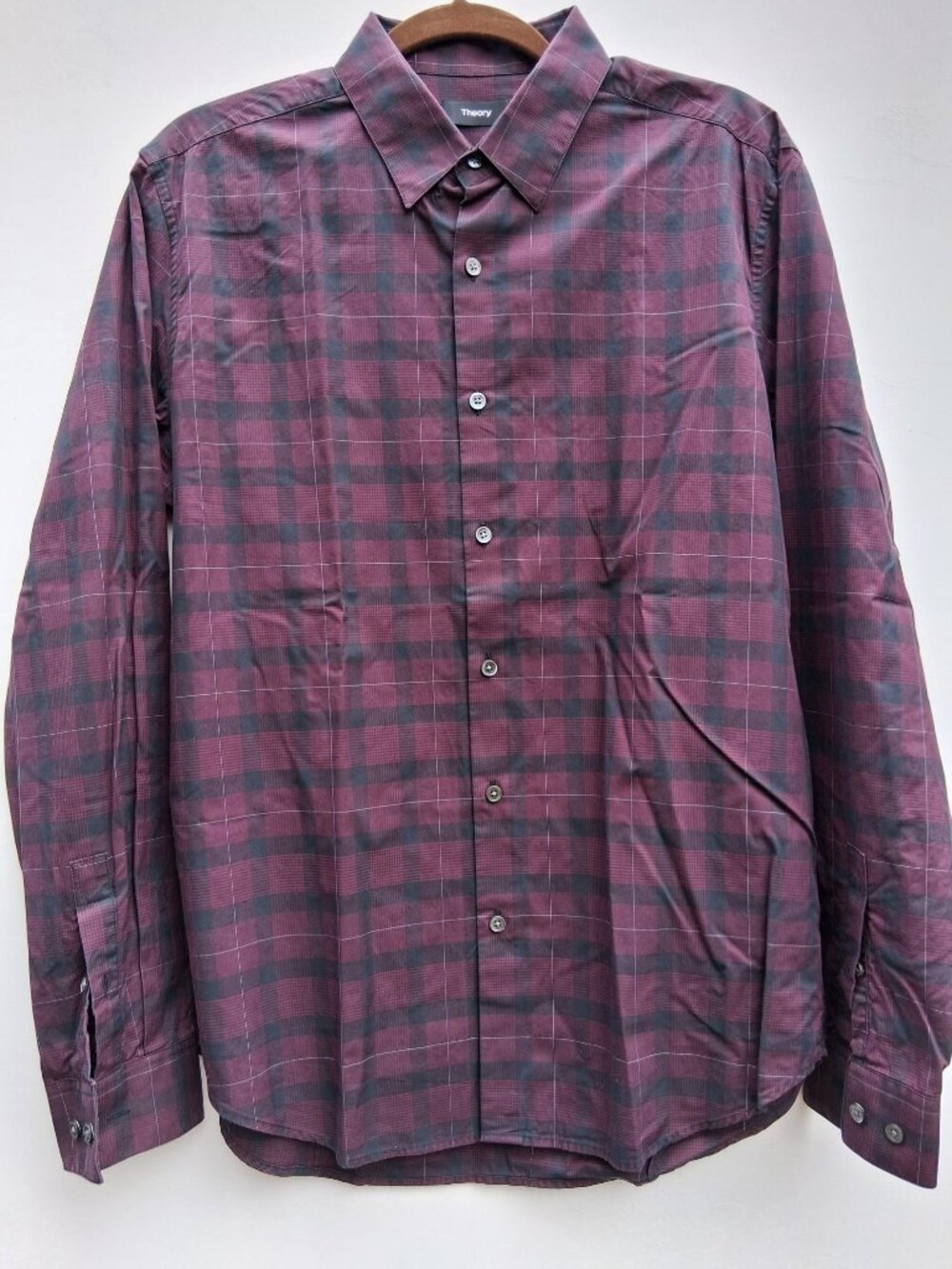 Theory Sylvain-Baleton button-down men's shirt, burgundy plaid (Size L)